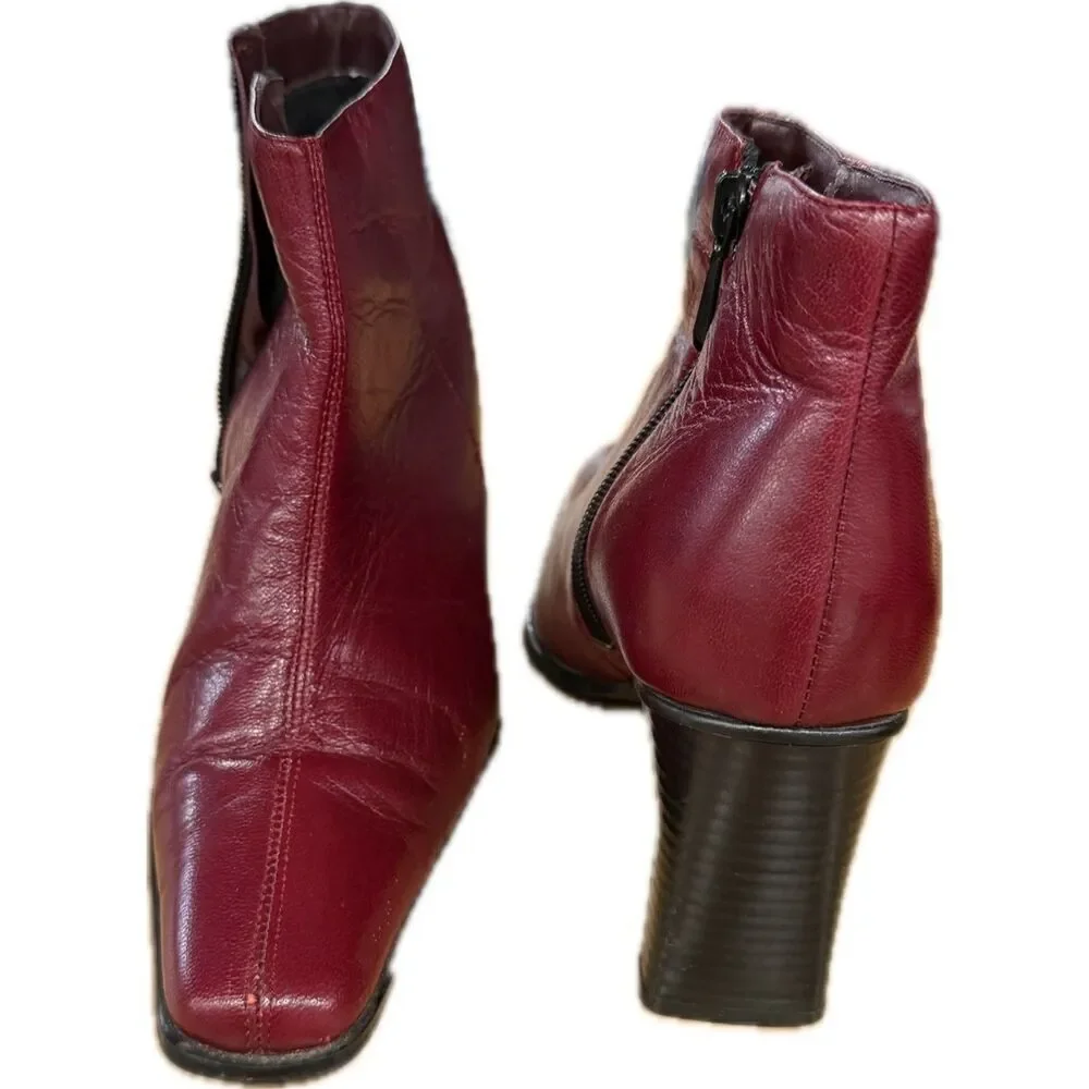Minozzi Burgundy Leather Ankle Boots with Block Heel | EU 38 | US 7.5-8